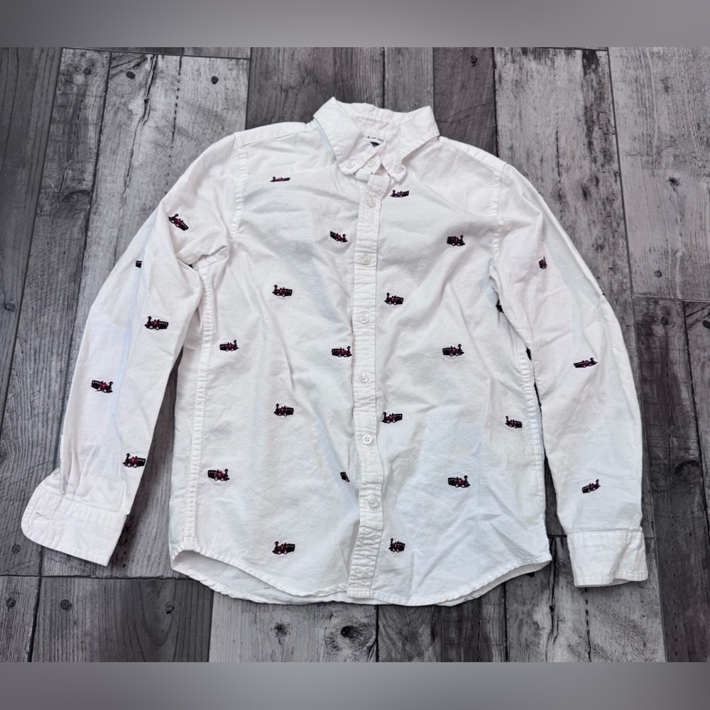 Janie and Jack Boys Oxford White Embroidered Train Button Holiday Sleeve Shirt